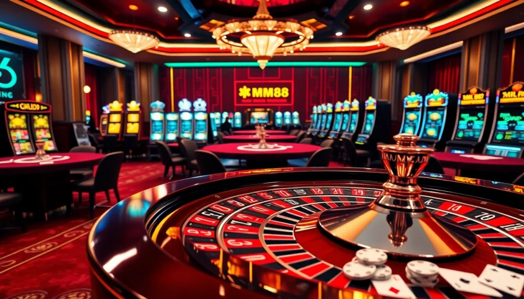 Experience the excitement of mm88 with luxurious casino tables featuring roulette wheels and poker chips.
