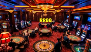 Experience the excitement of RR88 at a luxurious casino with vibrant tables and enthusiastic players.