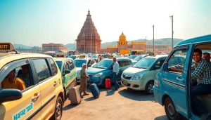 Haridwar Taxi Service showcasing sanitized taxis and happy travelers near iconic temples.