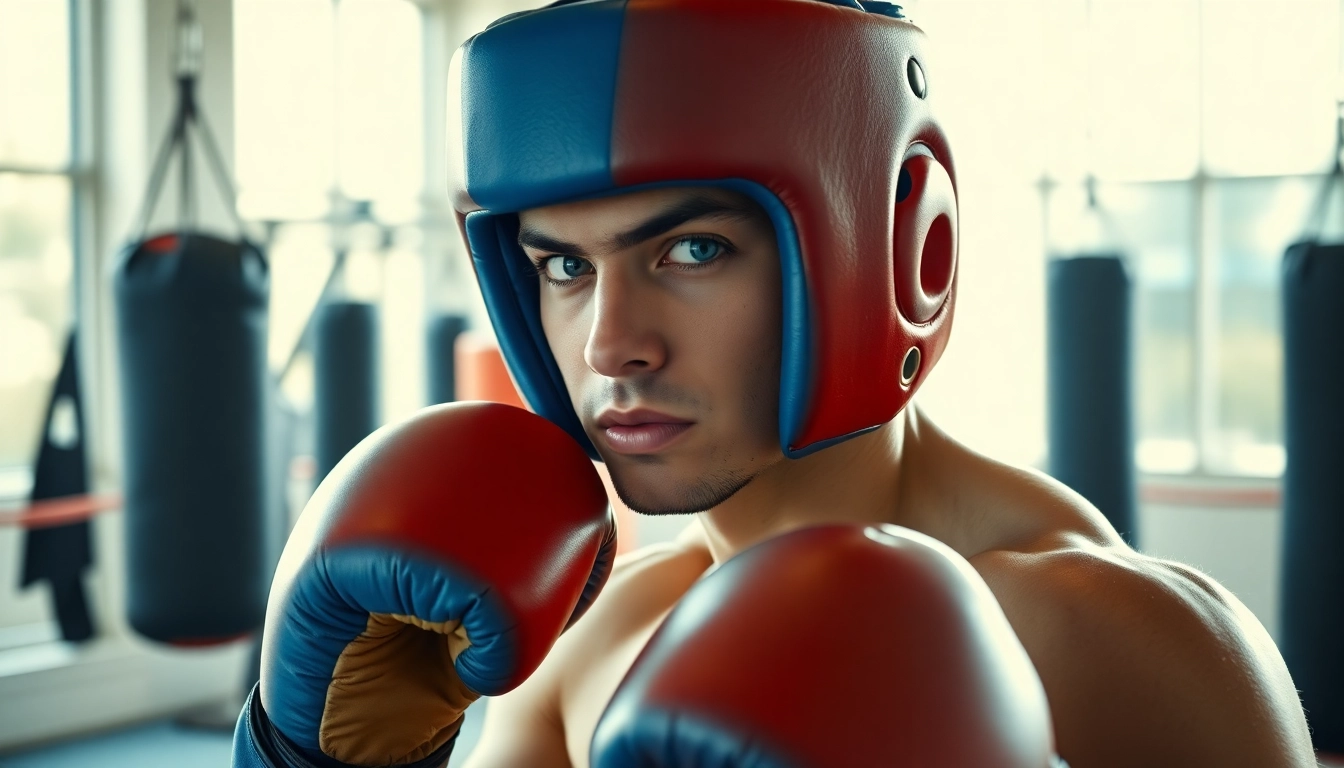 Praktizierender Boxer in Kopfschutz Boxen, bereit für das Training in einem hellen Fitnessstudio.