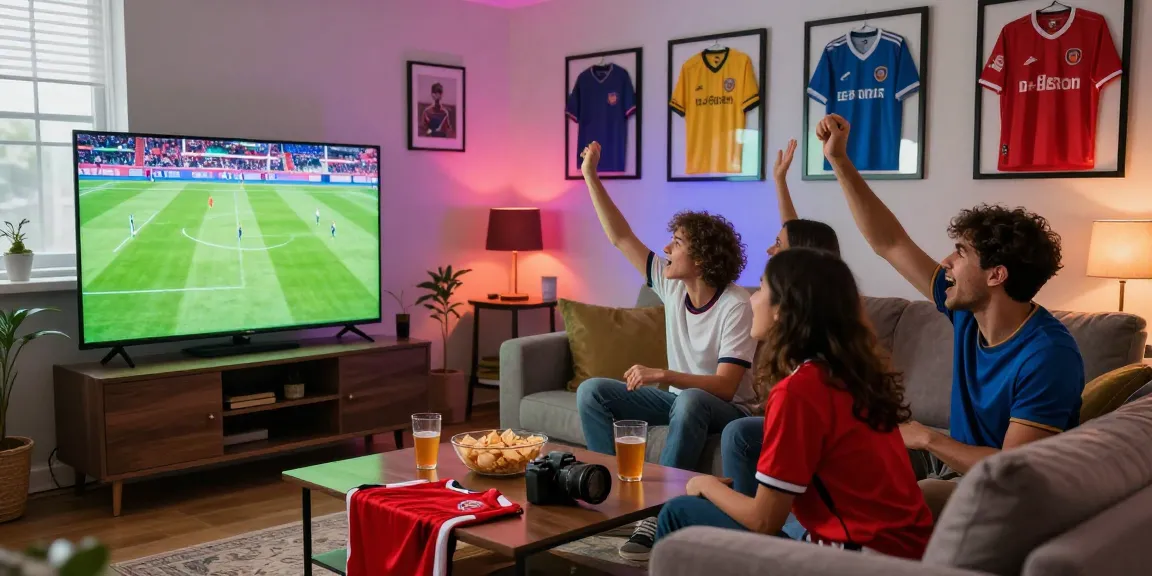 Excited group enjoying koora live football match in a cozy living room setting.